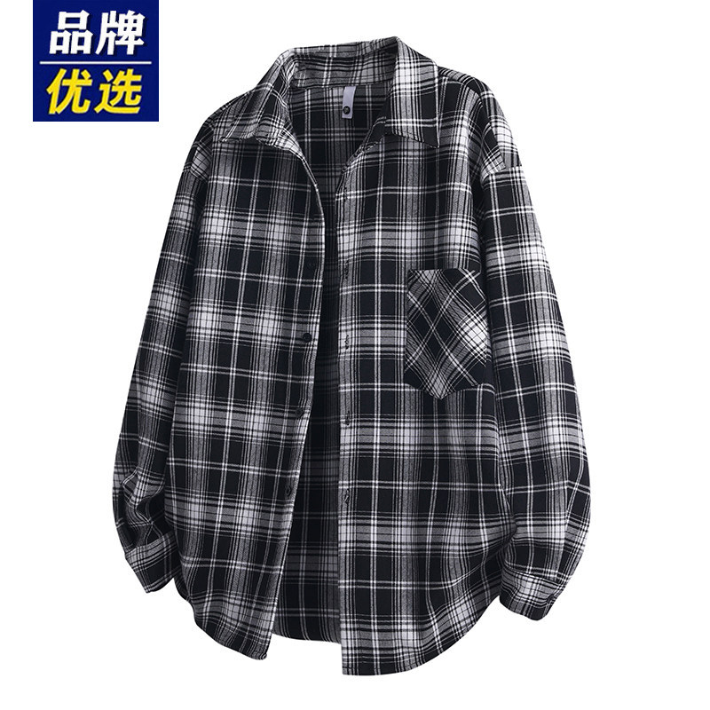 品牌优选日系复古长袖格子衬衫男生春秋季休闲潮牌青少年帅气外套