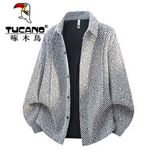 衬衣时尚 男生港风潮流宽松翻领青少年长袖 夹克外套 衬衫 啄木鸟春季