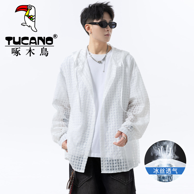 啄木鸟防晒衣男夏季超薄衬衫cleanfit格子连帽衬衣冰丝青少年外套