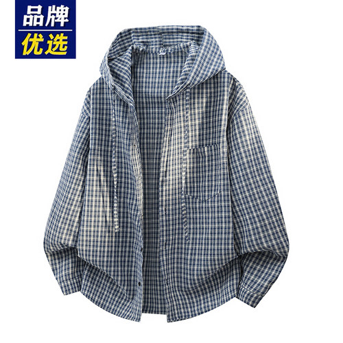 品牌优选美式复古格子连帽衬衫男秋季高级感长袖外套宽松复古上衣