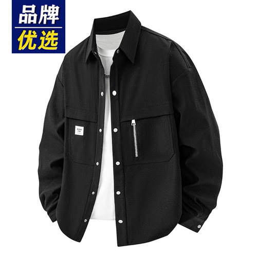 品牌优选春秋季翻领夹克男美式宽松休闲工装衬衫潮牌帅气百搭外套