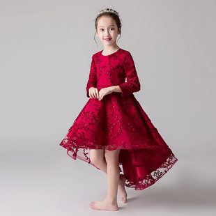 儿童礼服公主裙女童生日加厚红色长袖女孩花童婚纱钢琴演出服冬季