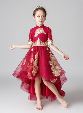 女童中式走秀礼服前短后长公主裙红色花童小主持人儿童钢琴演出服