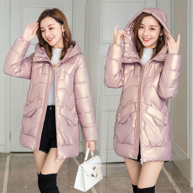 免洗亮面羽绒棉服女中长2024年新款韩版宽松棉衣连帽棉袄加厚外套