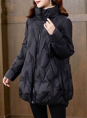 黑色中长款保暖羽绒棉服女2024冬季高端奢华气质保暖外套新款