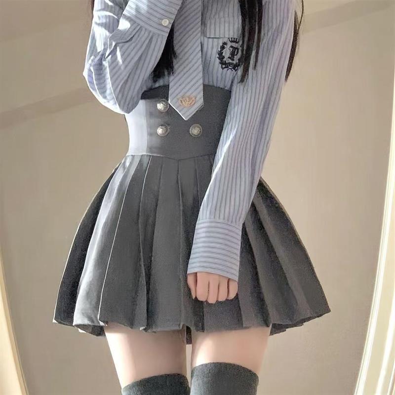 jk制服学院风灰色套装时尚减龄气质短款西装外套高腰百褶裙三件套