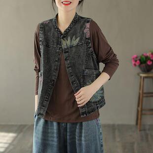 复古印花牛仔马甲女士春秋新款宽松百搭中年妈妈无袖背心马夹外套