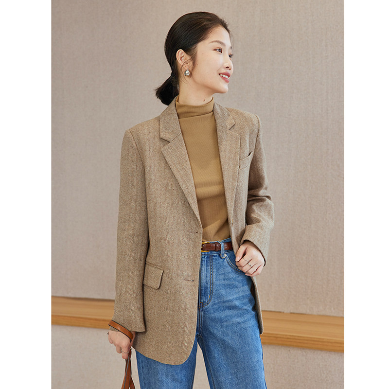 西装外套女2021新款秋冬小个子短款高级气质人字纹羊毛呢西服上衣