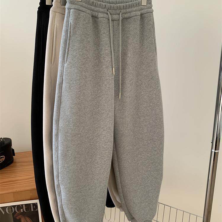宽松休闲 灰色运动裤女设计感拼接直筒鱼嘴弯刀裤冬季加绒束脚卫