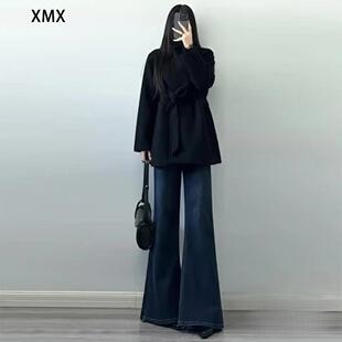 加绒深蓝色不贴腿微喇牛仔裤女2025年秋冬新款高腰显瘦阔腿喇叭裤