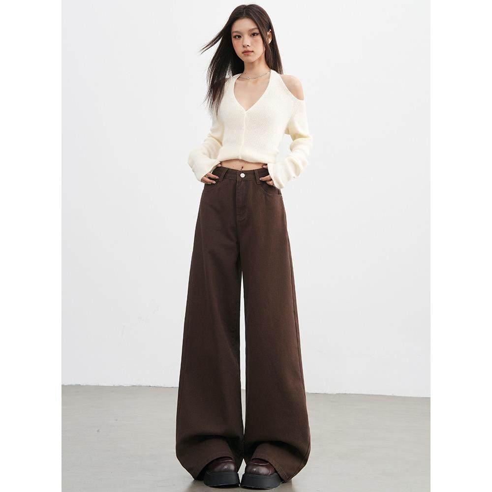 高级垂感咖色阔腿牛仔裤女秋冬2025新款高腰宽松高个子直筒裤