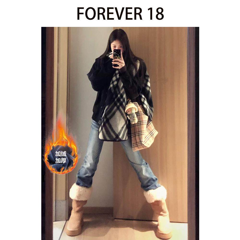 美式覆古加绒加厚低腰窄版直筒牛仔裤女2025冬季新款修身拖地裤子