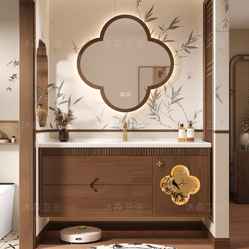 新款宋式美学浴室柜组合陶瓷一体盆卫生间中古风烤漆洗手池洗漱台