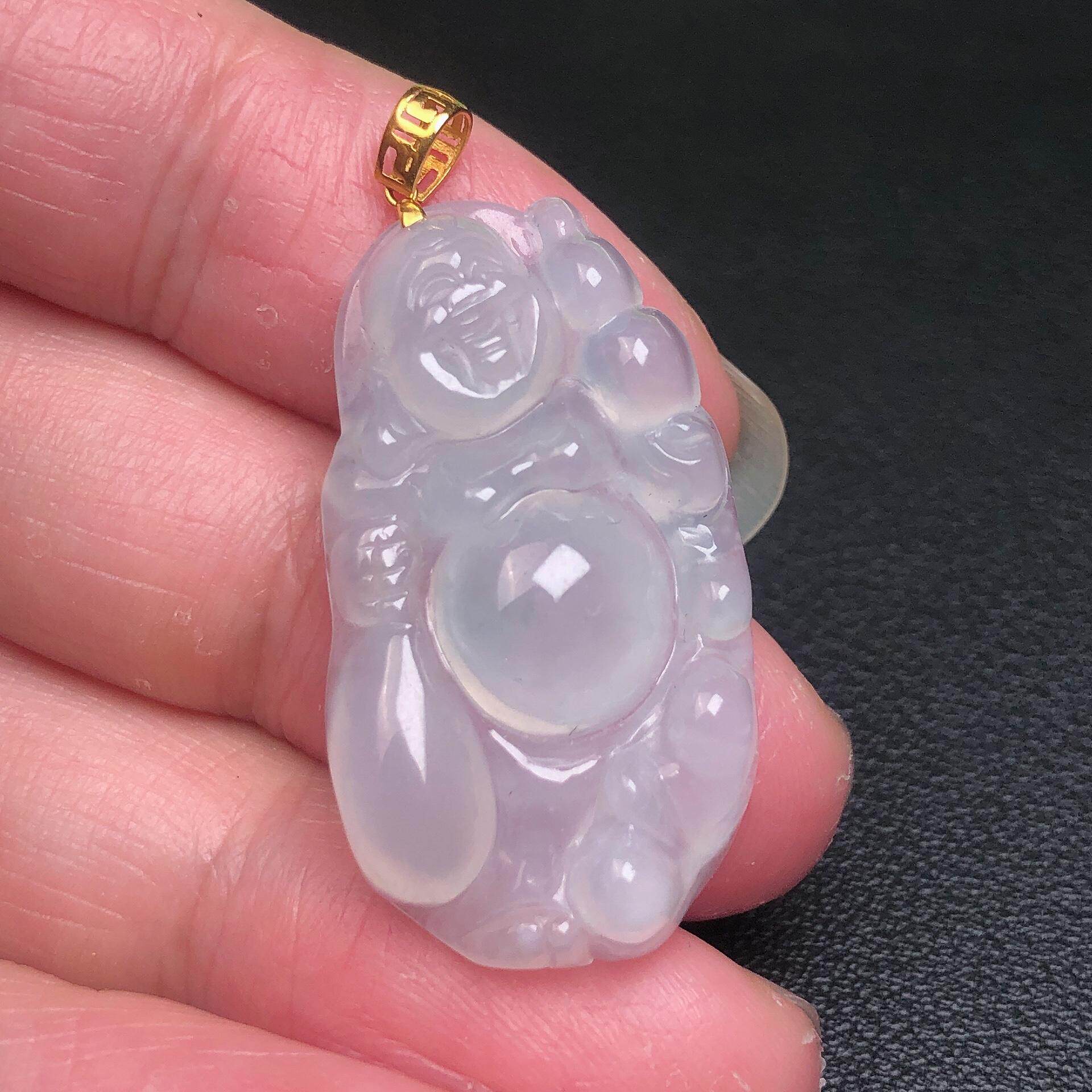 缅甸天然A货翡翠玉石玉坠-冰种18K金镶嵌布袋佛公吊坠