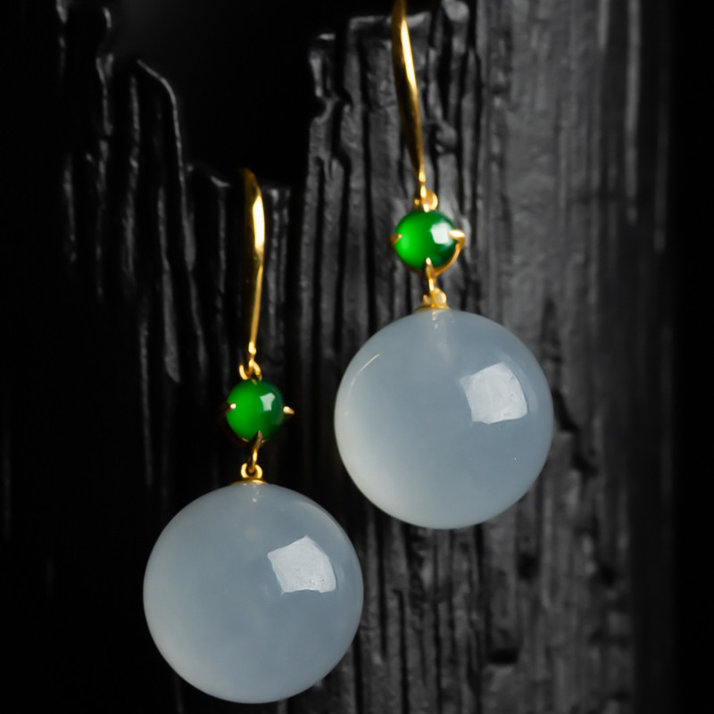 缅甸天然翡翠A货珠宝玉石带证书-18k金镶老坑冰种转运珠耳环