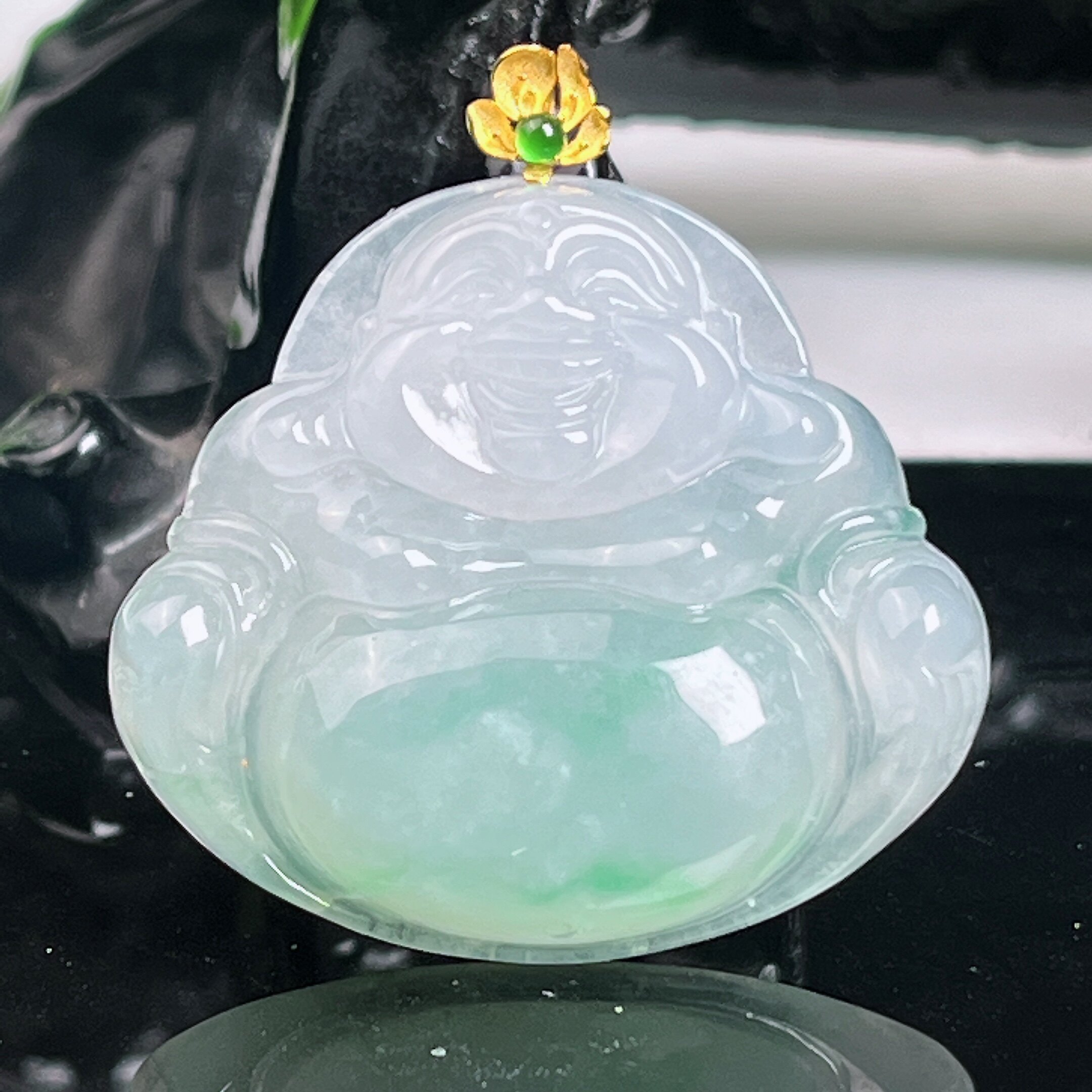 天然翡翠冰种佛公吊坠18k金项链