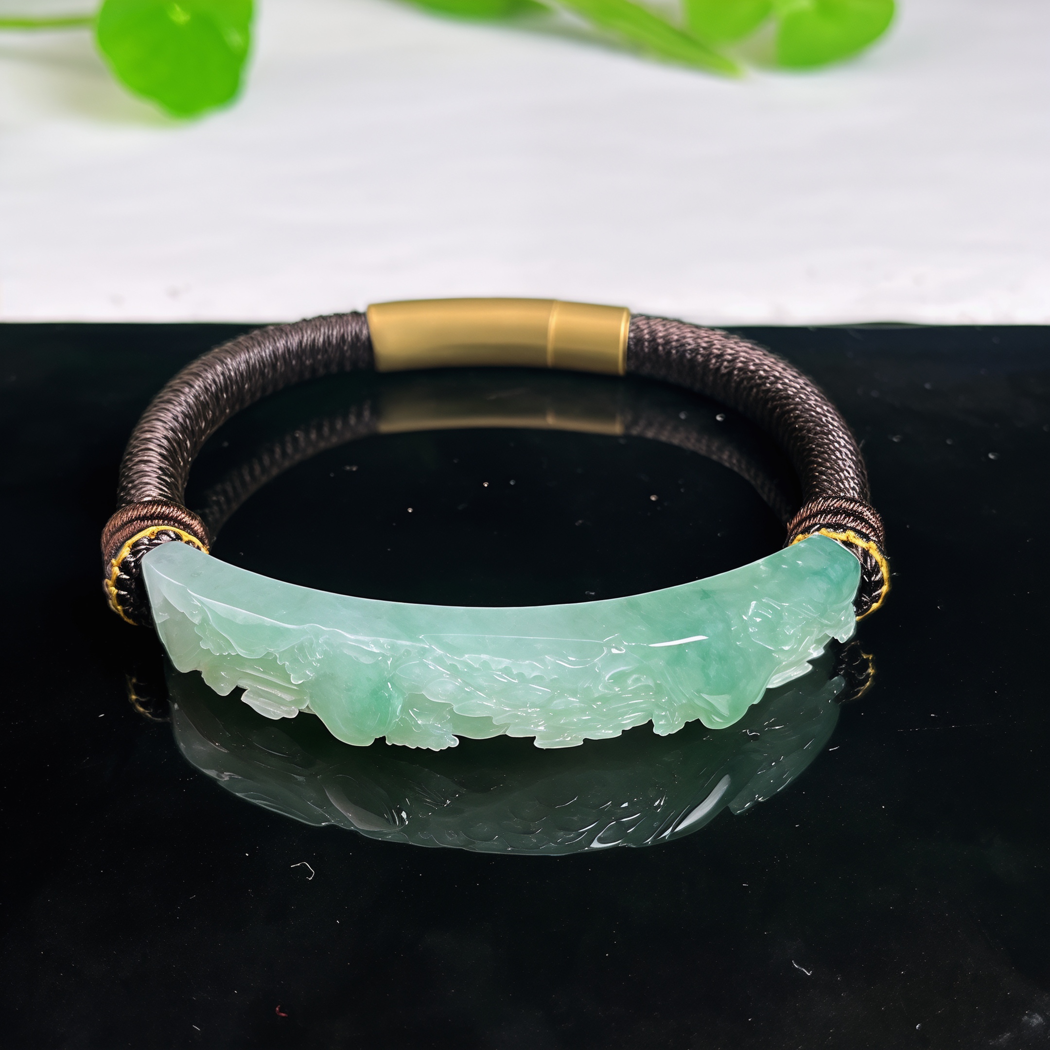 天然A货翡翠冰润飘花山水手牌