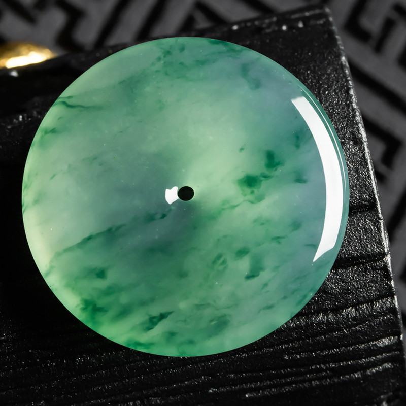 缅甸天然翡翠A货珠宝玉石带证书-老坑种冰飘绿花平安扣吊坠