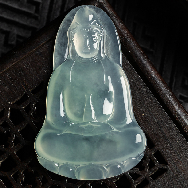 缅甸天然翡翠A货珠宝玉石带证书-老坑种冰润精雕素衣观音吊坠