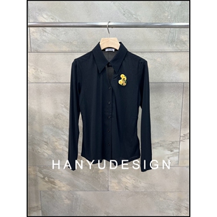 韩钰DESIGN 衬衫 26早春新款 刺绣花朵长袖 女 黑色修身