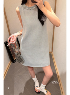 【韩钰DESIGN】26夏季新款 蓝色优雅气质钉珠无袖连衣裙女