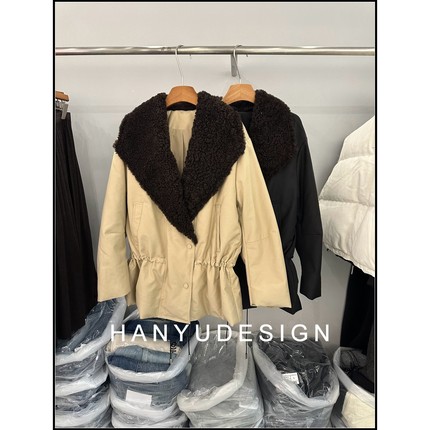 【韩钰DESIGN】 羊毛大翻领皮草拼接90白鹅绒服羽绒服女