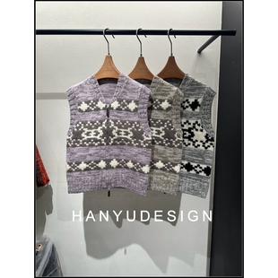 针织开衫 100%羊毛费尔岛风V领拉链无袖 马甲女 韩钰DESIGN