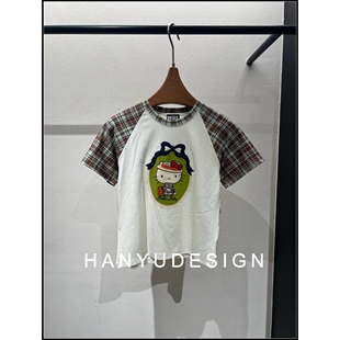 卡通Kitty印花格子拼接插肩袖 26早春新款 T恤女 韩钰DESIGN
