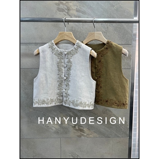 100%亚麻重工刺绣无袖 26早春新款 马甲女 韩钰DESIGN