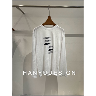 桑蚕丝简约文艺小鱼刺绣长袖 26早春新款 T恤女 韩钰DESIGN