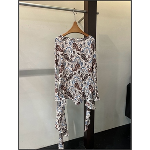 人丝复古印花设计感不规则长袖 26早春新款 T恤女 韩钰DESIGN