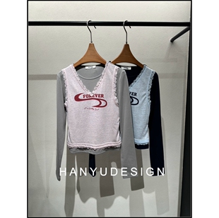 甜美风假两件蕾丝边长袖 26早春新款 T恤女 韩钰DESIGN