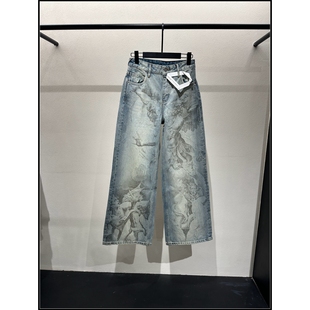女 复古印花阔腿显瘦直筒脏脏牛仔裤 韩钰DESIGN