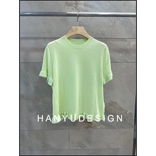 100%羊毛老钱风绿色短袖 26早春新款 针织T恤女 韩钰DESIGN