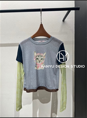【韩钰DESIGN】26夏季新款 灰色拼接袖猫咪印花卡通风长袖T恤女