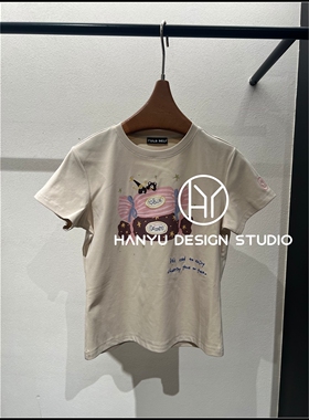 【韩钰DESIGN】26夏季新款 米白色修身卡通小狗印花短袖T恤女