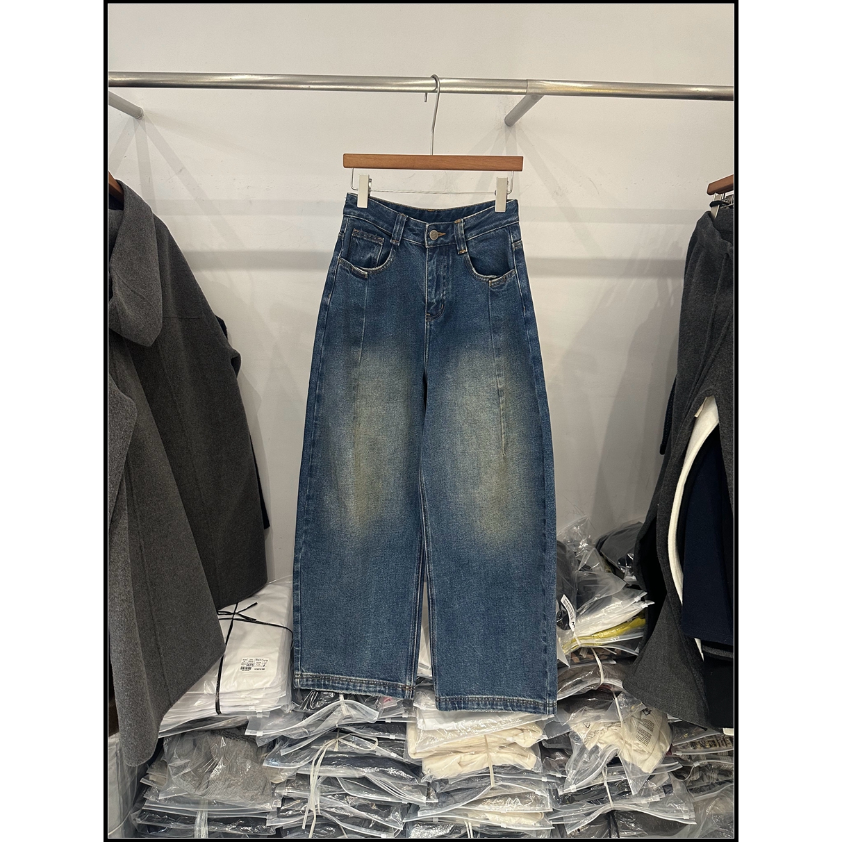 复古高腰显瘦水洗纯棉阔腿牛仔裤