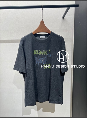 【韩钰DESIGN】26夏季新款 灰色小猫印花圆领短袖T恤女