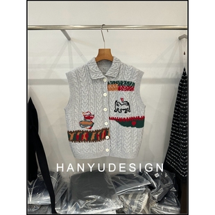 女 100%山羊绒动物提花翻领针织马甲背心开衫 韩钰DESIGN