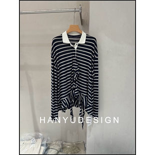 亚麻复古学院风条纹风系带T恤女 26早春新款 韩钰DESIGN