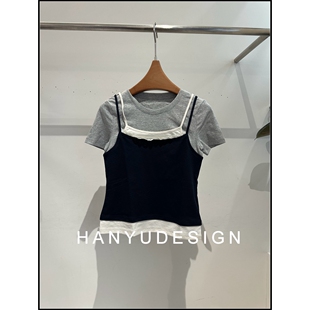 韩系设计感撞色拼接吊带短袖 26早春新款 T恤女 韩钰DESIGN