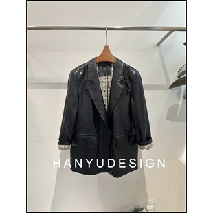 绵羊皮黑色廓形西装 26早春新款 皮衣女 韩钰DESIGN