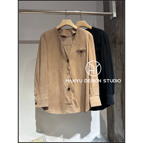 【韩钰DESIGN】26秋季新款 山羊皮气质极简风V领皮衣女