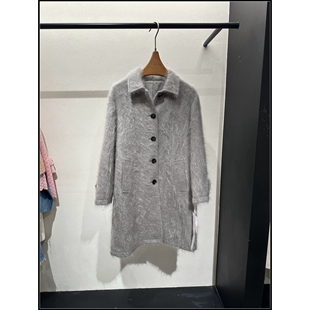 【韩钰DESIGN】 设计感拉绒短毛100%山羊绒中长款大衣外套女