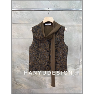 100%桑蚕丝棕色复古印花马甲女 26早春新款 韩钰DESIGN