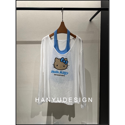 【韩钰DESIGN】26夏季新款 蓝色Hello Kitty卡通印花长袖T恤女