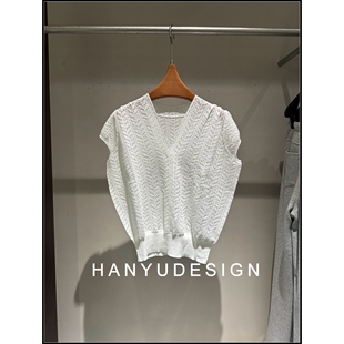 韩钰DESIGN 针织衫 26早春新款 V领短袖 女 桑蚕丝白色时尚