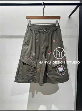 【韩钰DESIGN】26夏季新款 灰色美式工装风刺绣花朵五分裤女