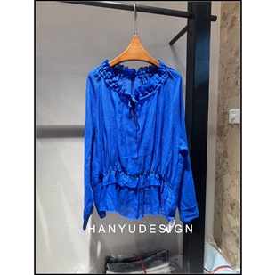 蓝色花边娃娃领长袖 100%苎麻法式 26早春新款 衬衫 韩钰DESIGN