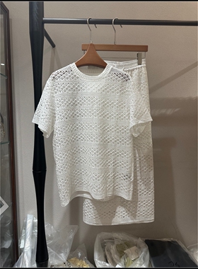 【韩钰DESIGN】26夏季新款 白色镂空短袖上衣半身裙套装女